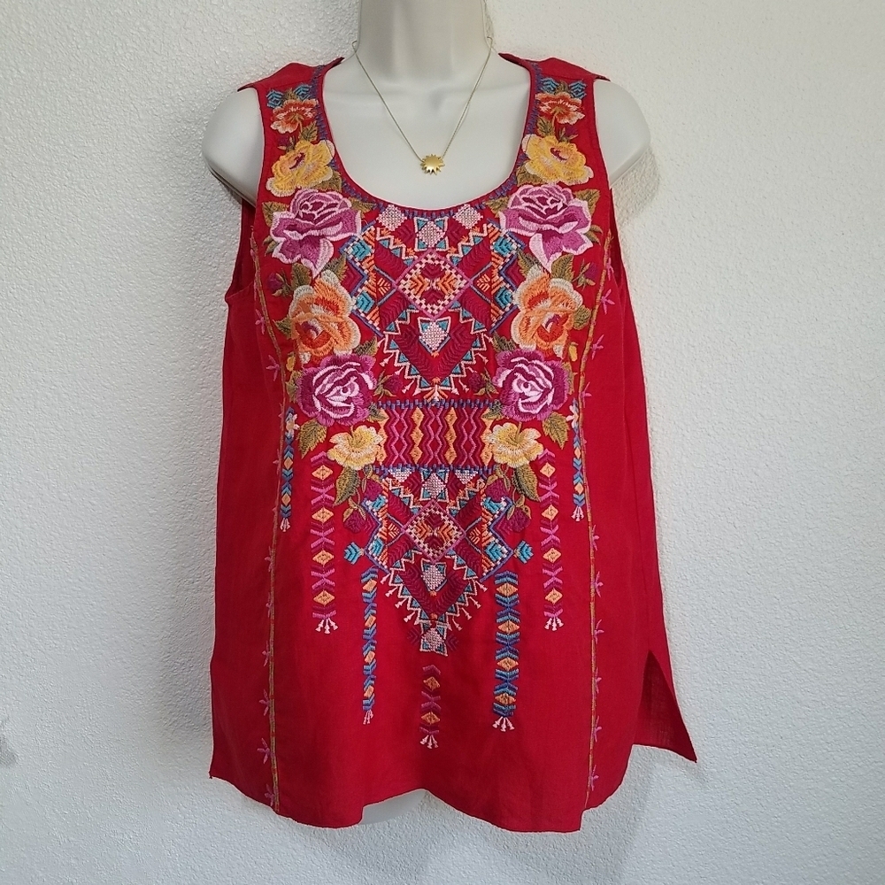Johnny Was Linen Embroidered Sleeveless Top